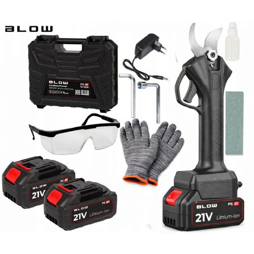 BLOW PS01 cordless garden hand pruner, 500W power, brushless motor, 2x 50.4Wh 21V 2.4Ah rechargeable battery, up to 28mm cuts, SK5 carbon steel blade, nylon, + additional accessories, black