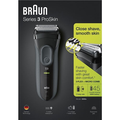 Brivnik Braun Series 3 ProSkin 3000s, vodoodporen, brezžični, hitro polnjenje, črn