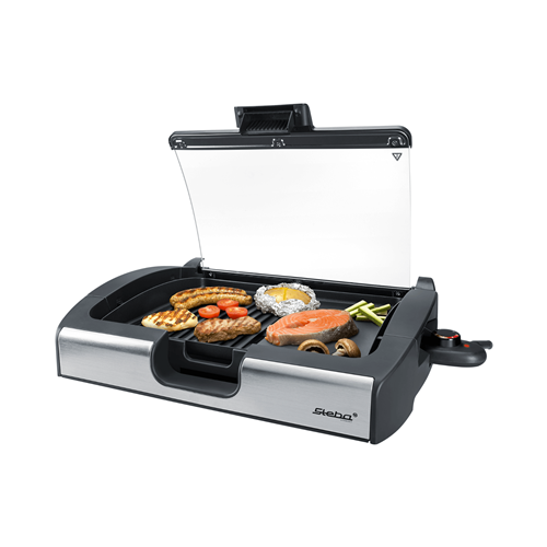 Griglia elettrica Steba BBQ VG 200 nera, 2200 W, coperchio in vetro, controllo continuo della temperatura, piastra antiaderente.