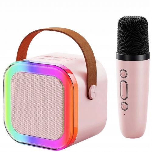Set za karaoke Extralink otroški mini karaoke LED zvočnik 1x mikrofon roza zvočnik, 1x mikrofon, Bluetooth, AUX, reža za SD kartico, RGB osvetlitev