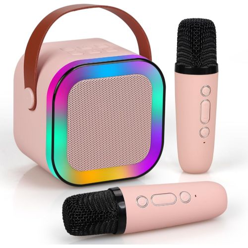 Set za karaoke Extralink otroški mini karaoke LED zvočnik 2x mikrofon roza zvočnik, 2x mikrofon, Bluetooth, AUX, reža za SD kartico, RGB osvetlitev