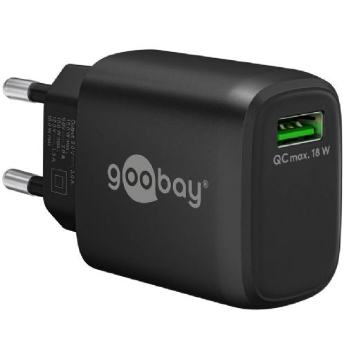 Goobay 18W USB-A QC 3.0 home phone charger, fast charging, protection, universal compatibility, black