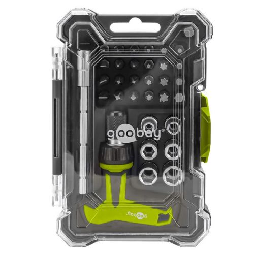 Goobay Tool Sets 30-Piece Set T-Handle with Ratchet, Adjustable Extension, 24 S2 Bits, 6 Sockets, Robust Box