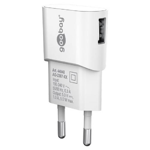 Goobay USB-A 5W phone charger white, compact design, surge protection, suitable for travel, universal compatibility