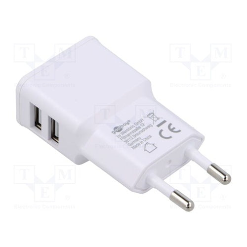 Goobay home phone charger, dual USB 2.4 A, 2x USB-A, charging two devices, input 100-240 V, white