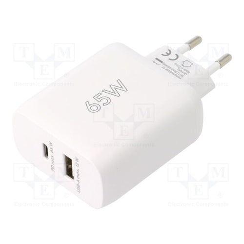 Goobay PD GaN 65 W home phone charger, 1x USB-C, 1x USB-A, charging 2 devices, OVP/OCP/OTP protection