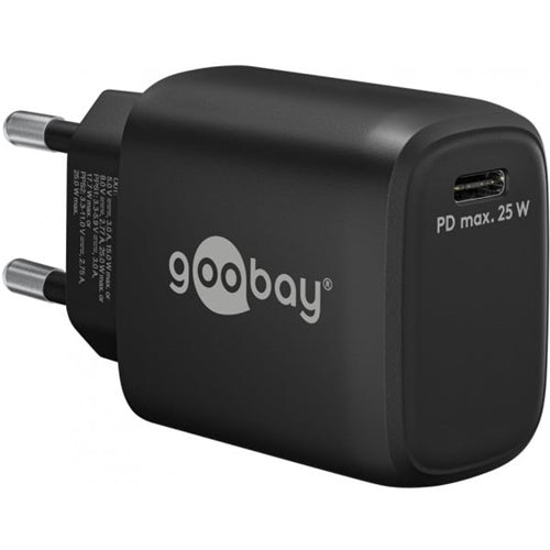 Goobay USB-C PD GaN 25 W home phone charger black, Power Delivery 3.0, 1x USB-C, input 100–240V, output up to 3A