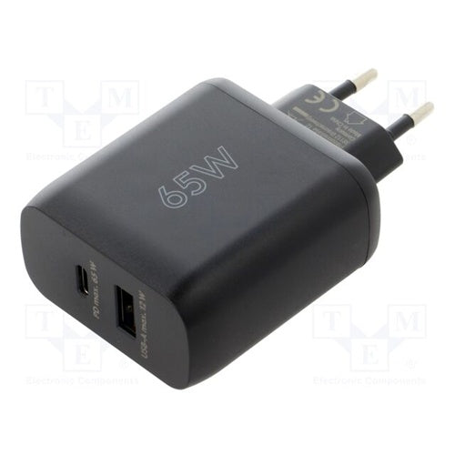 Goobay USB-C PD GaN 65 W home phone charger, 1x USB-C, 1x USB-A, fast charging, for 2 devices
