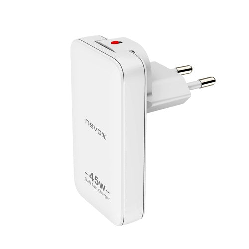 Nevox 45W GaN EU/USA home phone charger, 1x USB-C, 1x USB-A, fast charging, for two devices, white
