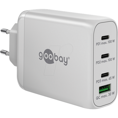 Goobay USB-C PD fast charger, 100W, 1x USB-A QC, 3x USB-C PD, white