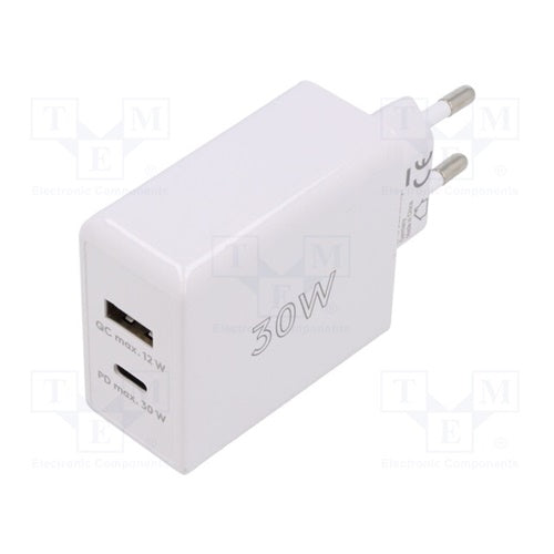 Goobay USB-C PD fast charger, 30W, 1x USB-A, 1x USB-C PD, white