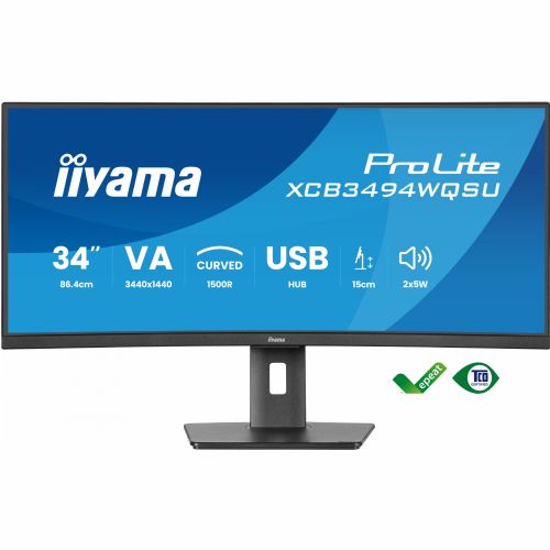 Monitor Iiyama XCB3494WQSU-B1, 86,7 cm (34"), 3440 x 1440, 21:9, VA, 350 cd/m2, 0,4ms, ukrivljen, črna