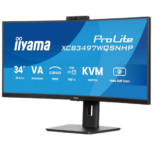 Monitor curvo IIYAMA ProLite XCB3497WQSNPH-B1 da 86,7 cm (34") UWQHD VA a 120 Hz con HDMI/DP/USB-C/RJ-45, fotocamera e altoparlanti integrati.