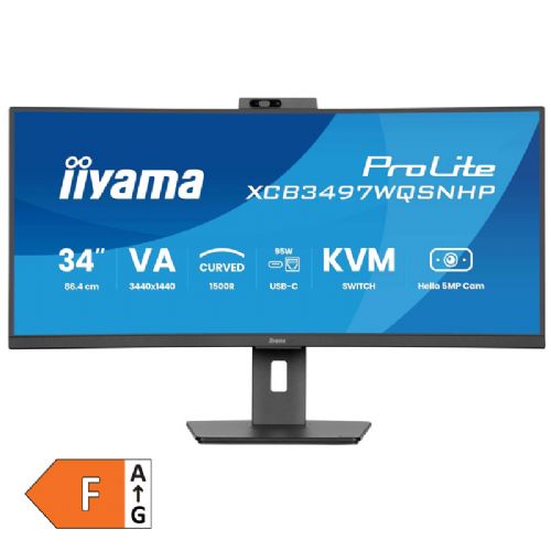 Monitor curvo IIYAMA ProLite XCB3497WQSNPH-B1 da 86,7 cm (34") UWQHD VA a 120 Hz con HDMI/DP/USB-C/RJ-45, fotocamera e altoparlanti integrati.