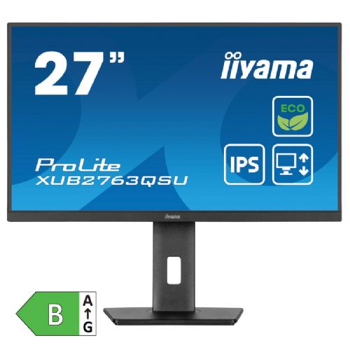 Monitor Iiyama ProLite XUB2763QSU-B1, 68,6 cm (27"), 2560 x 1440 (QHD), 16 : 9, IPS, 350 cd/m2, 2 ms, 100 Hz, HDMI, DP, USB, zvočnik, pivot, črn