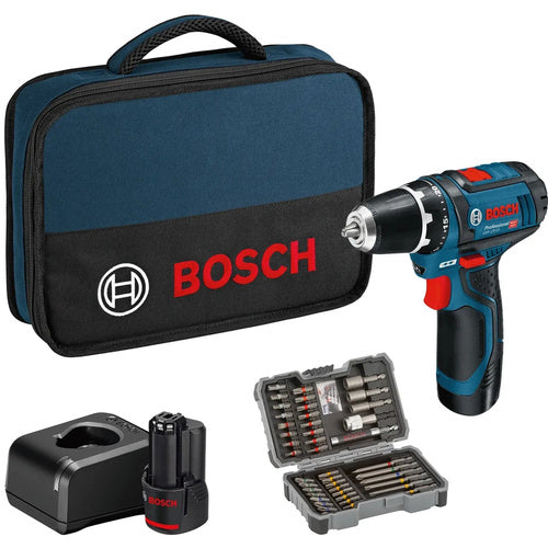 Bosch GSR 12V-15 Professional cordless drill/driver set, 12 volts (blue/black, 2x 2.0Ah lithium-ion battery, 43-piece bit set, in tool bag)