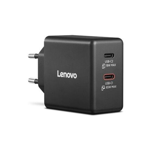Caricabatterie Lenovo da 65 W con doppia porta USB-C e tecnologia GaN per uso domestico, 1 anno di garanzia.