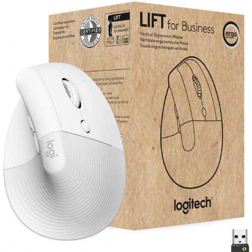 Miška, vertikalna Logitech Lift for Business, ergonomska, 6 gumbov, brezžični Bluetooth 2,4 GHz Bolt USB sprejemnik, umazano bel