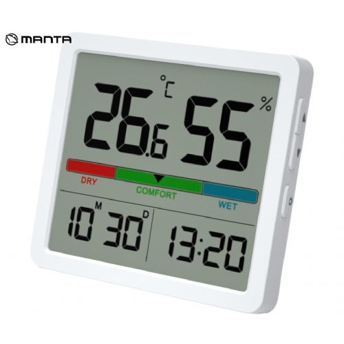 Wireless thermometer and hygrometer MANTA MTO001W WINDY, desktop/wall mounted, time, date, temperature, humidity display, comfort indicator, 2xCR2032 batteries, white