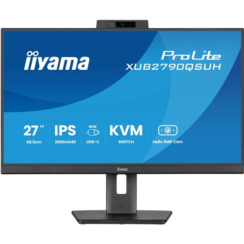 Monitor Iiyama ProLite XUB2790QSUH-B2 68,5 cm (27"), 2560 X 1440 QHD, 16:9, IPS, 250cd/m2, 100Hz, HDMI, DP, USB-C (65W), kamera, črna