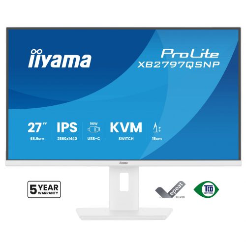 Monitor Iiyama ProLite XB2797QSNP-W1 27", QHD, IPS, USB-C, bel, KVM
