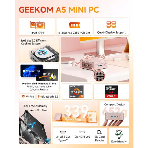 Namizni računalnik Geekom A5 AMD Ryzen 5 7430U, 16GB RAM, 512GB SSD, Radeon, Windows 11 Pro, šampanjec