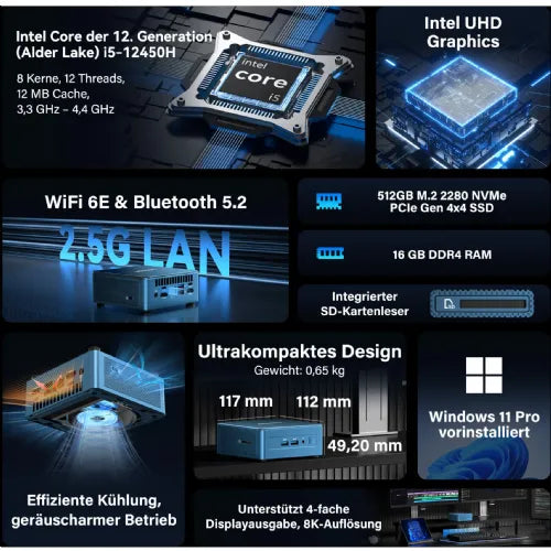 Namizni računalnik Geekom IT12 Intel Core i5-12450H, 16GB RAM, 512GB SSD, Intel UHD, Windows 11 Pro, moder