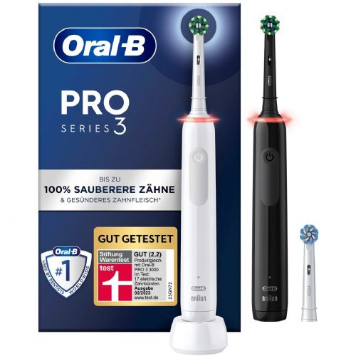 Set električnih zobnih ščetk Oral-B Pro 3 3900 Duo, senzor pritiska, polnilna baterija, črna + bela