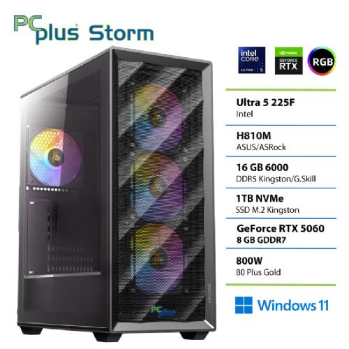 Computer desktop da gioco PCPLUS Storm Core Ultra 5 225F 16 GB 1 TB SSD RTX 5060 8 GB Windows 11 Home