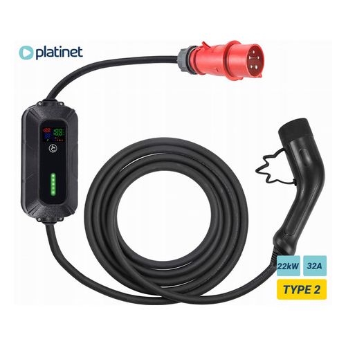 PLATINET PPC32AT22 portable EV electric charger, 22kW, 5m, for electric / hybrid vehicles, TYPE 2, SCHUKO adapter, LED display, bag