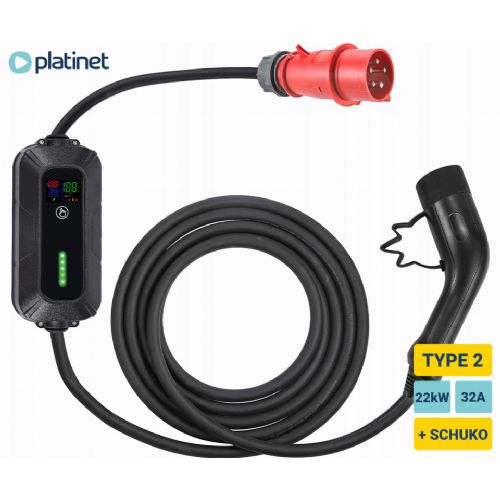 PLATINET PPC7M22 portable EV electric charger, 22kW, 32A, TYPE 2, 7m, 3-phase, +SCHUKO adapter, Plug&Play, for electric / hybrid vehicles, LED display, +bag