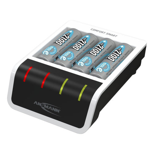 Ansmann Comfort Smart battery charger 7-stage charging, USB, LED display, 4x AA 2100 mAh included, white/black