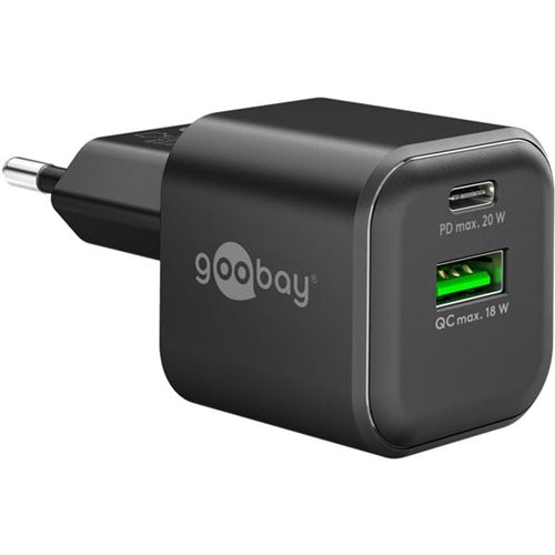 Goobay 20W USB-C PD GaN phone charger, dual output, fast charging, black