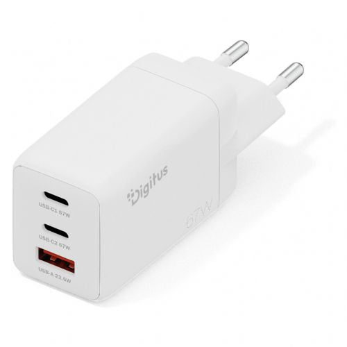 Digitus USB GaN 67W phone charger, 2x USB-C, 1x USB-A, simultaneous charging of 3 devices, input 110–240V
