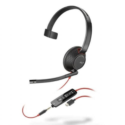 Poly Blackwire 5210 Monaural USB-C Headphones + 3.5mm Jack + USB-C/A Adapter 8X230AA, 207587-01