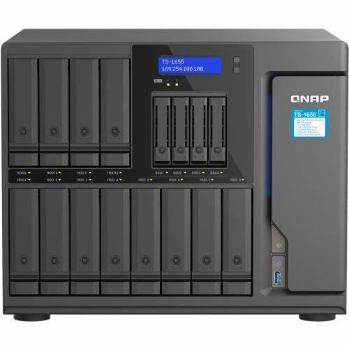 NAS-System Qnap TS-1655-8G, 16 Einschübe, 8-Kern Intel Atom 2,8 GHz, 8 GB DDR4 ECC, 2x 2,5-GbE, SSD/M.2-Unterstützung