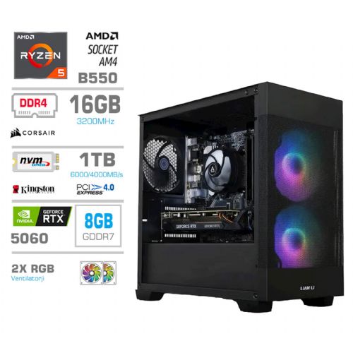 Namizni računalnik PCX Extian R5 5600X, 16 GB RAM, 1 TB SSD, GeForce RTX 4060, Windows Ready