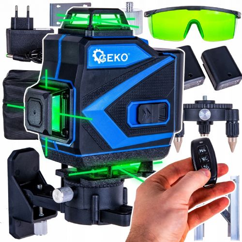 Geko 4D laser level, 16 lines, green laser 360°, 2× Li-ion 3000 mAh, remote control