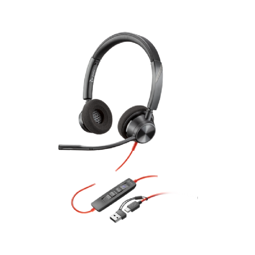 HP Poly Blackwire 3320 MS wired USB-C/USB-A on-ear headphones with built-in microphone, black