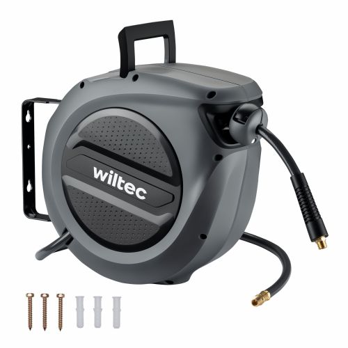 Wiltec wall-mounted compressor automatic extension hose, 15 m, 17 bar, reel with automatic winding, black/gray