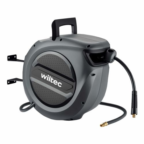 Wiltec wall-mounted compressor automatic extension hose, 20 m, 17 bar, reel with automatic winding, black