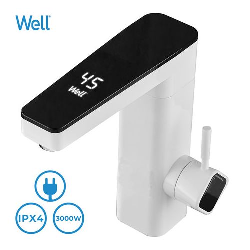 WELL CASCADE electric heating faucet, 3000W, 110cm cable, LCD display, IPX4 water resistance, warm/hot water in seconds, 22.5x20x6cm