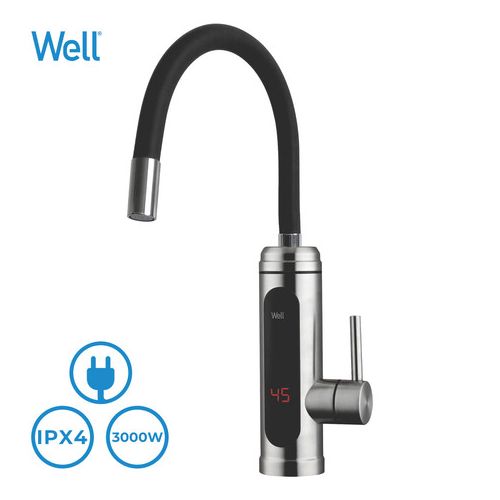 WELL WHIPPY electric heating faucet, 3000W, 110cm cable, 360° rotatable / flexible hose, LCD display, IPX4 water resistance, warm / hot water in seconds