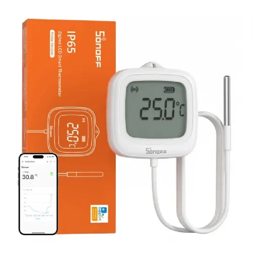 ZigBee LCD temperature sensor Sonoff SNZB-02LD with probe, IP65, 2.2" display, white